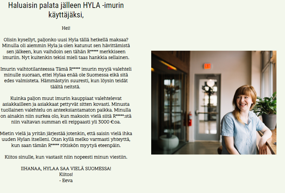 Haluaisin palata jälleen Hyla imurin käyttäjäksi